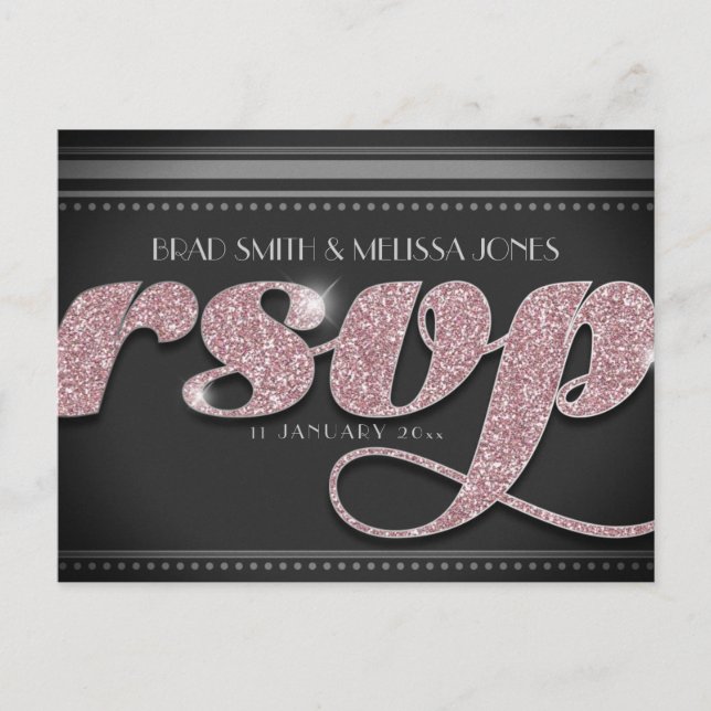 Pink Sparkle on Stylish Black RSVP Postcard (Front)