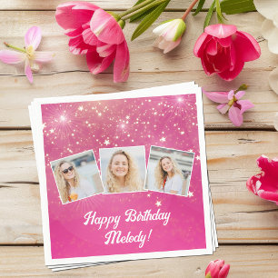 Pink Sparkle Photo Collage Girls Birthday Party Napkin