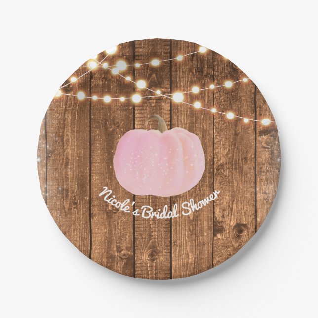 Pink Sparkle Pumpkin Autumn Rustic Wood Lights Paper Plate (Front)