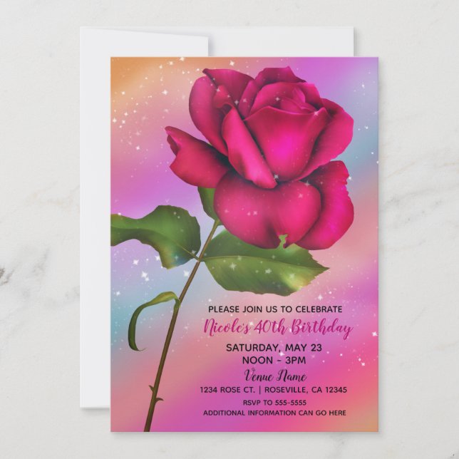 Pink Sparkle Rose Rainbow Pastel Birthday Party Invitation (Front)