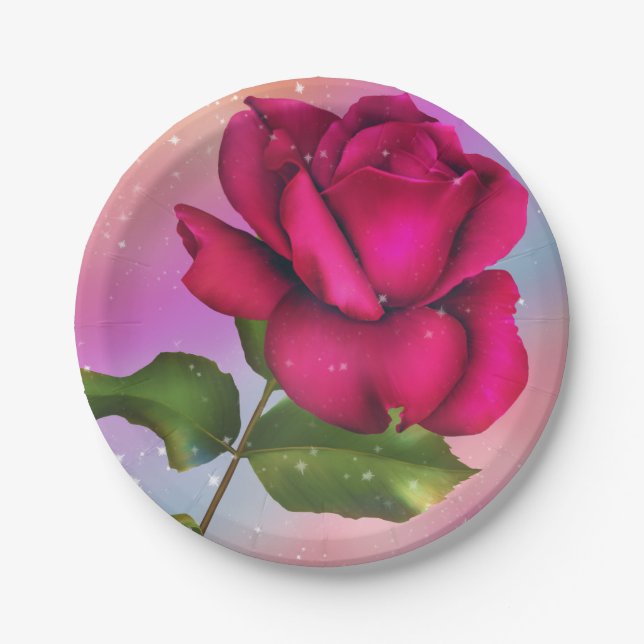 Pink Sparkle Rose Rainbow Pastel Birthday Party Paper Plate (Front)