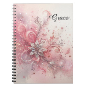 Pink Sparkle Silver Glitter Flower Personalized Notebook