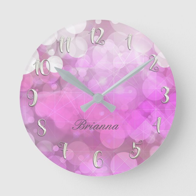 Pink Sparkle Sparkly Glitter Bokeh Girly Custom Round Clock (Front)