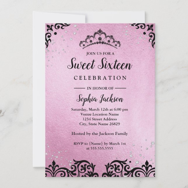 Pink Sparkle Tiara Damask Sweet Sixteen Invitation (Front)