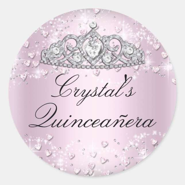 Pink Sparkle Tiara & Hearts Quinceanera Sticker (Front)