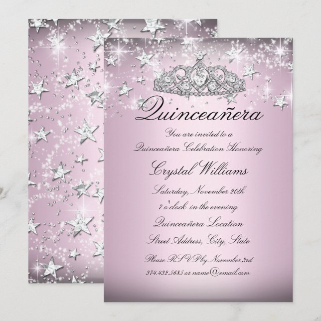 Pink Sparkle Tiara Stars Quinceanera Invite (Front/Back)
