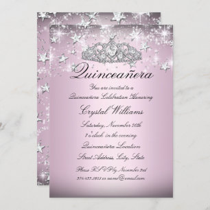 Pink Sparkle Tiara Stars Quinceanera Invite