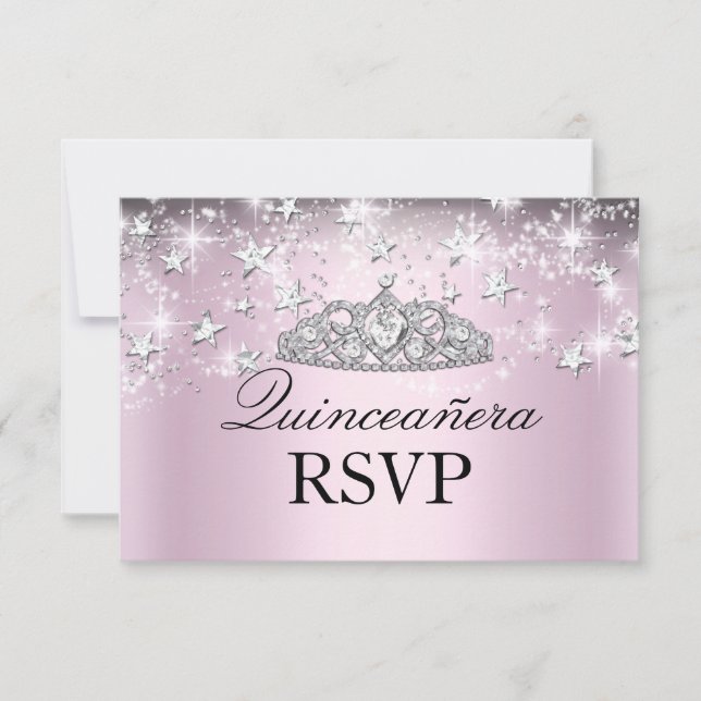 Pink Sparkle Tiara Stars Quinceanera RSVP (Front)