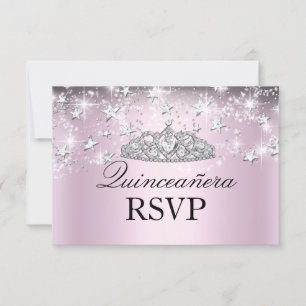 Pink Sparkle Tiara Stars Quinceanera RSVP Card