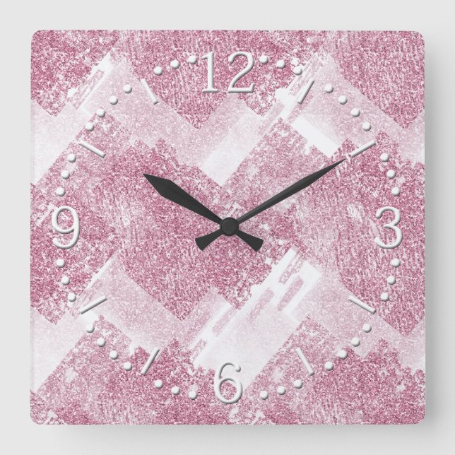 Pink sparkles on white. square wall clock (Front)