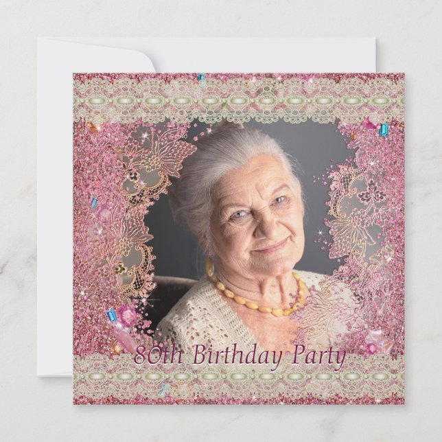 Pink Sparkles Womans Photo 80th Birthday Party Invitation (Front)