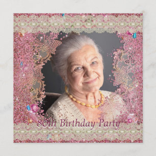 Pink Sparkles Womans Photo 80th Birthday Party Invitation