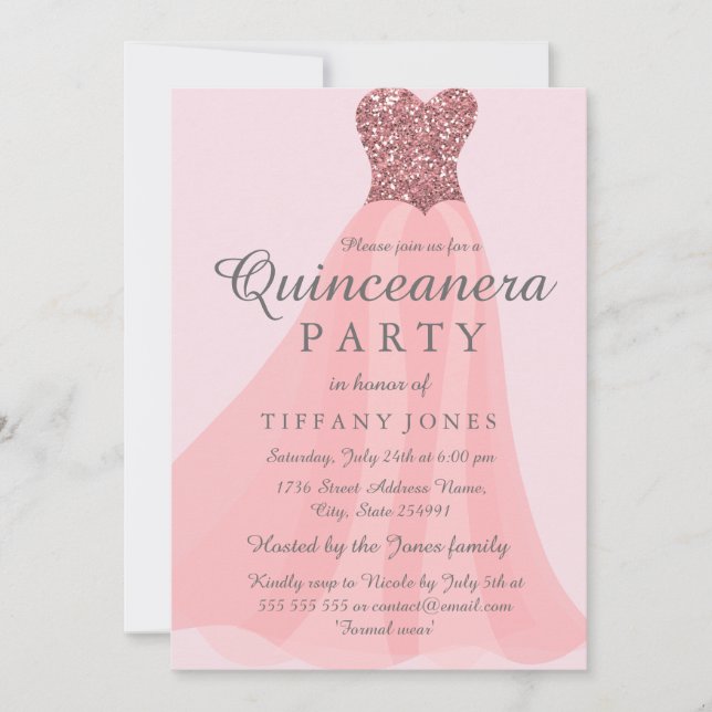 Pink Sparkling Glitter Gown Quinceanera Party Invitation (Front)