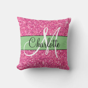 Pink sparkling glitter monogrammed cushion