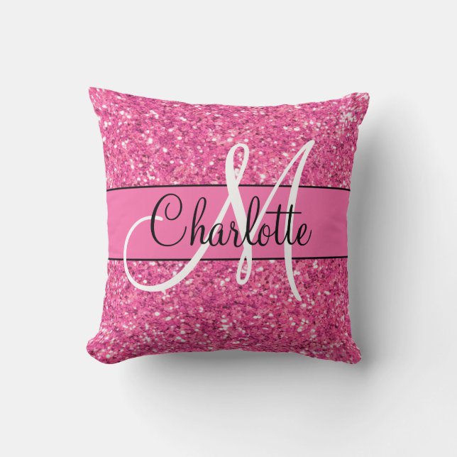 Pink sparkling glitter monogrammed      cushion (Front)