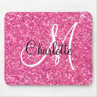 Pink sparkling glitter monogrammed mouse pad