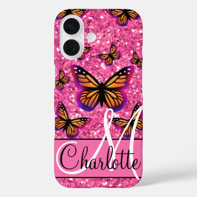Pink sparkling glitter, orange pink butterflies   Case-Mate iPhone case (Back)