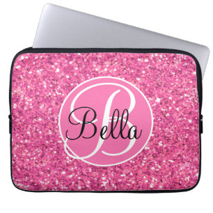Pink sparkling glitter pattern monogrammed    laptop sleeve