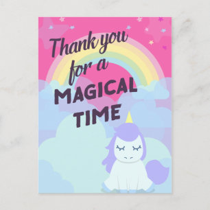 Pink sparkling magical rainbow unicorn thank you postcard