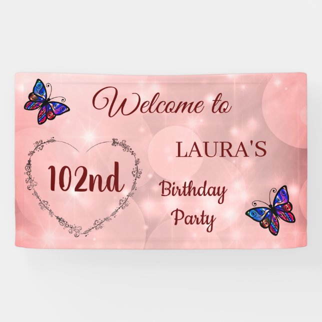 Pink Sparkly Butterfly personalised 102nd Birthday Banner (Horizontal)