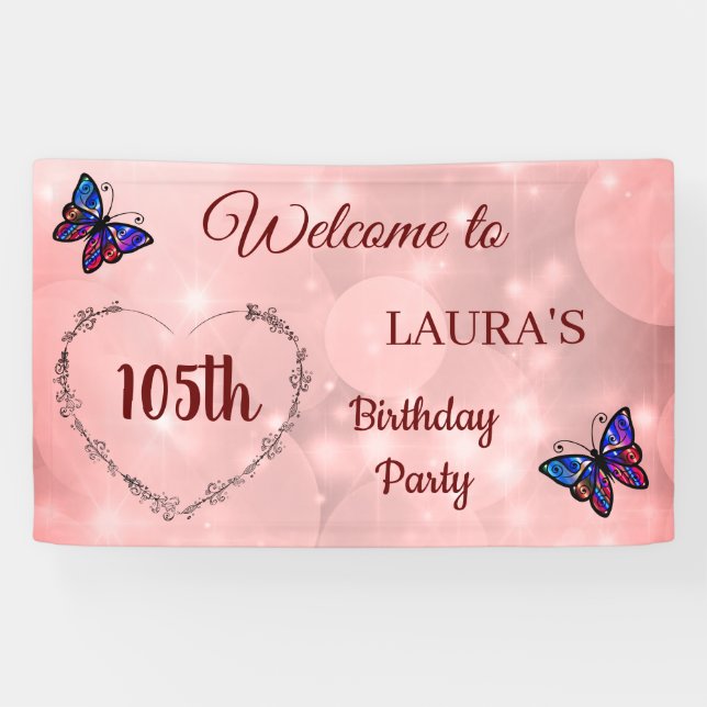 Pink Sparkly Butterfly personalised 105th Birthday Banner (Horizontal)
