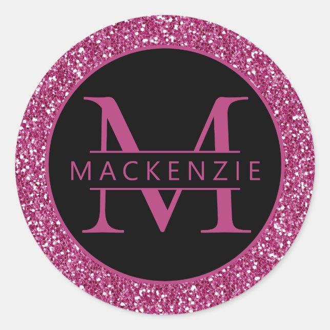 Pink Sparkly Glitter Personalised Name Classic Round Sticker (Front)