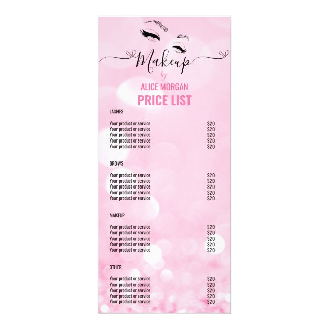 Pink Sparkly Makeup Artist Glamour Bokeh Prices Rack Card (Front)