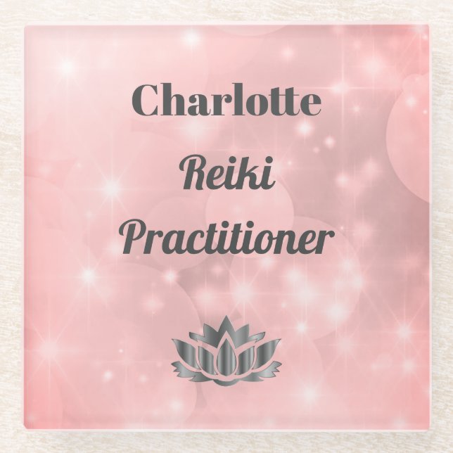 Pink Sparkly Reiki Practitioner personalised Glass Coaster (Front)
