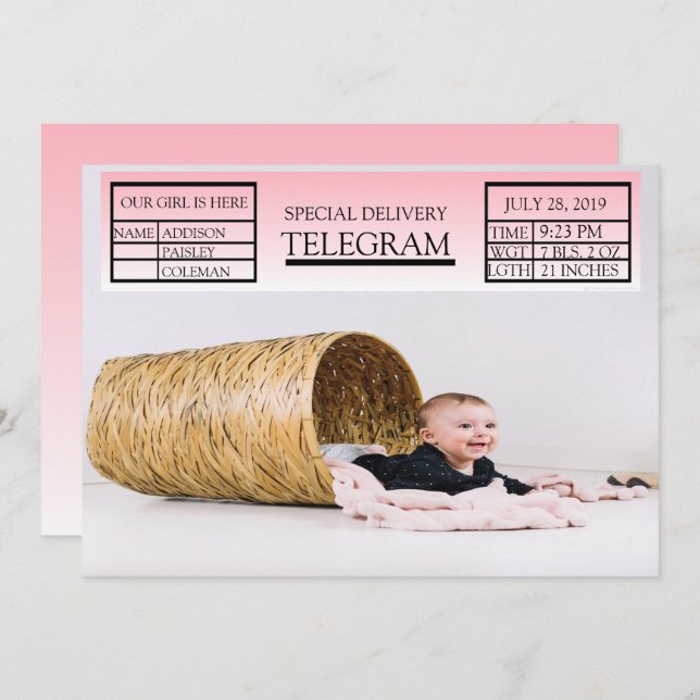 Pink Special Telegram Birth Announcement For Girl (Front/Back)
