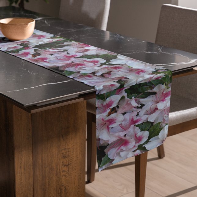 Pink Speckled Rhododendrons Floral Short Table Runner (In Situ)
