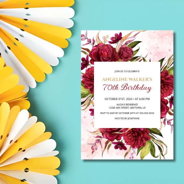 Pink Splash Burgundy Dahlia Rose Birthday Invitation (Creator Uploaded)