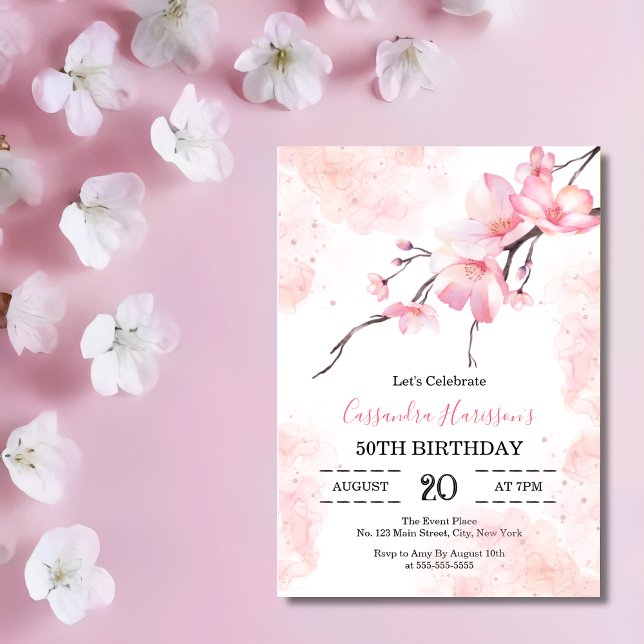 Pink Splash Cherry Blossom Floral Birthday Invitation (Creator Uploaded)