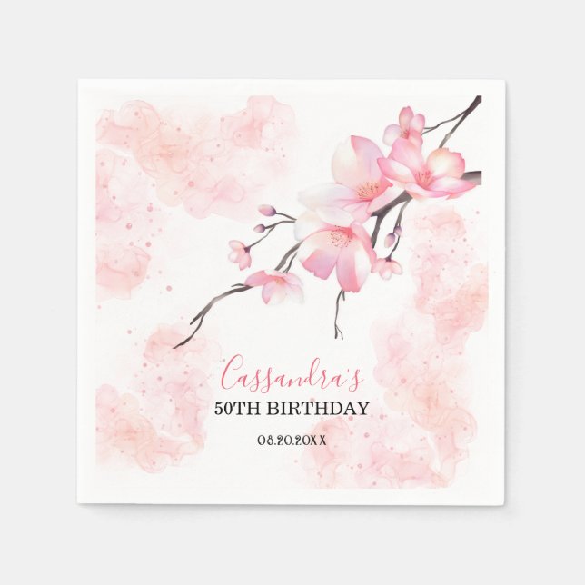 Pink Splash Cherry Blossom Floral Birthday Napkin (Front)