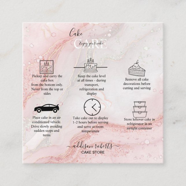 Pink Splash Liquid Glitter Marble Cake Care   Square Business Card (Front)