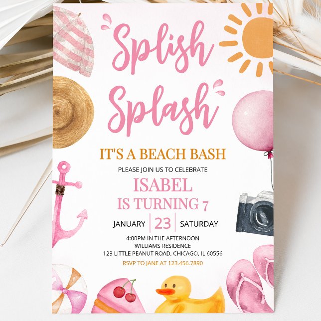 Pink Splish Splash Beach Bash Birthday Invitation (Creator Uploaded)