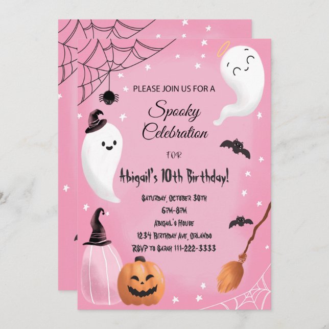 Pink Spooky Celebration Halloween Birthday Invite (Front/Back)