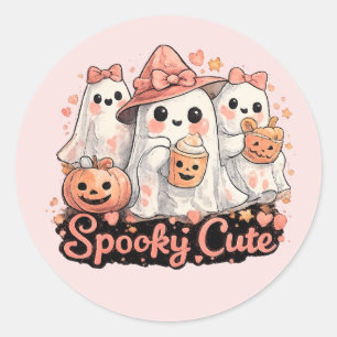 Pink Spooky Cute Halloween Ghosts & Pumpkin Classic Round Sticker