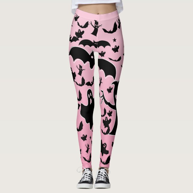 Pink Spooky Ghost Forest Pattern Art Leggings (Front)
