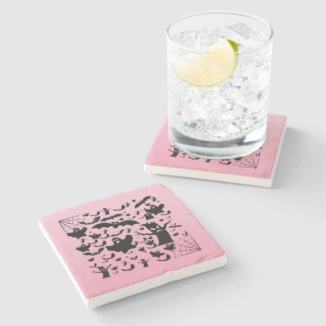 Pink Spooky Ghost Gradient Marble Art Stone Coaster (Side)