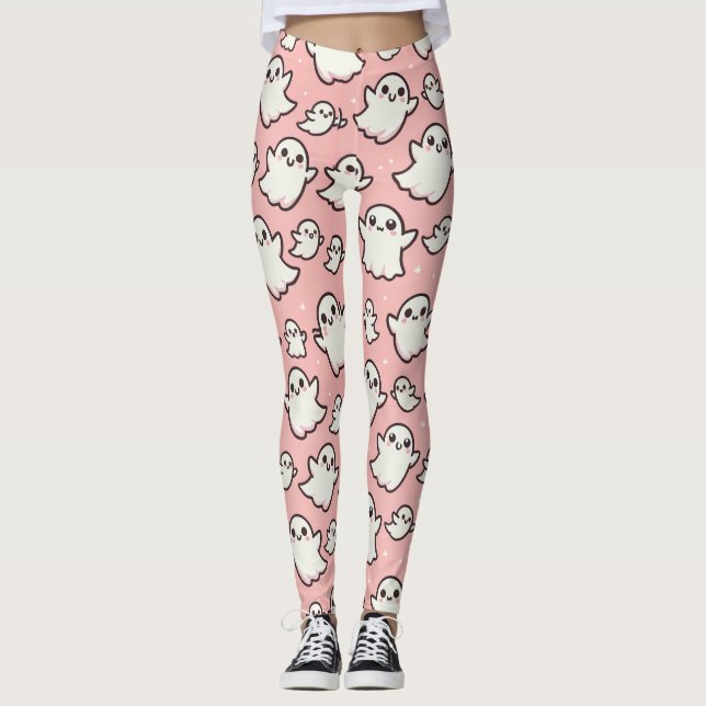 Pink Spooky Ghost Pattern Halloween Leggings (Front)