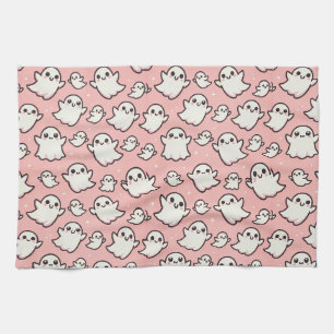 Pink Spooky Ghost Pattern Halloween Tea Towel