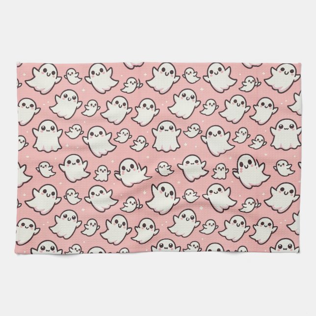 Pink Spooky Ghost Pattern Halloween Tea Towel (Horizontal)