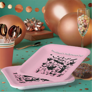 Pink Spooky Ghosts and Bats Halloween Party Design Paper Plate