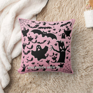 Pink Spooky Ghosts Bats and Webs Halloween Design Cushion