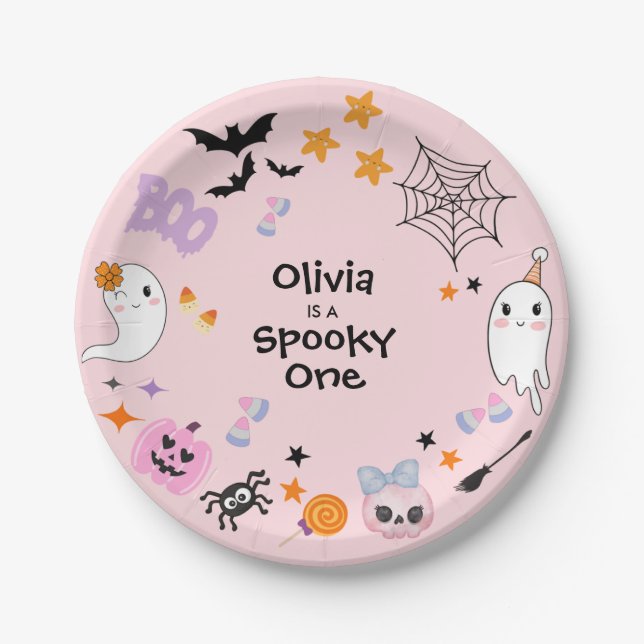 Pink Spooky One Cute Ghost Halloween 1st Birthday  Paper Plate (Front)