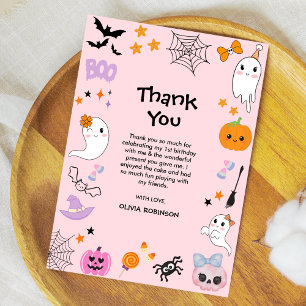 Pink Spooky One Cute Ghost Halloween 1st Birthday Thank You Card