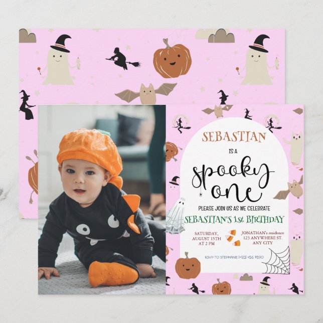 Pink Spooky One Halloween Ghost 1st Birthday Photo Invitation (Front/Back)