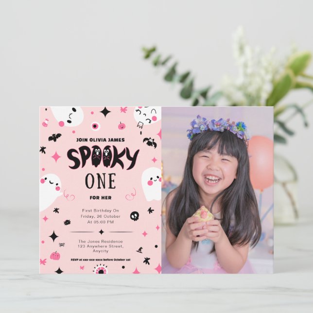 Pink spooky one halloween girl 1st birthday  invitation (Standing Front)