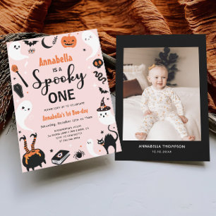Pink Spooky One Halloween Photo 1st Birthday Invitation
