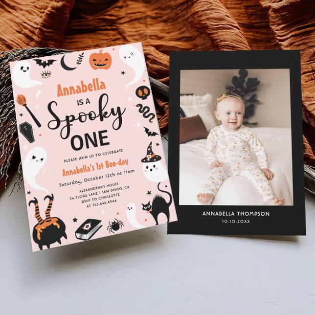 Pink Spooky One Halloween Photo 1st Birthday Invitation (Creator Uploaded)